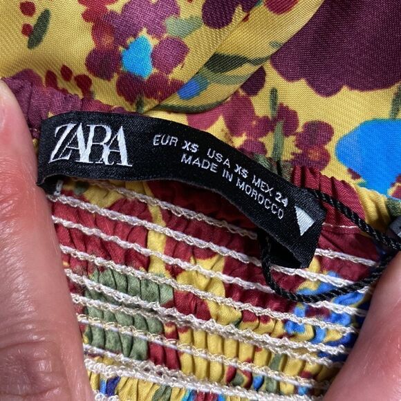 ZARA Mustard Yellow Floral Smocked Mini Dress Top - Picture 6 of 10